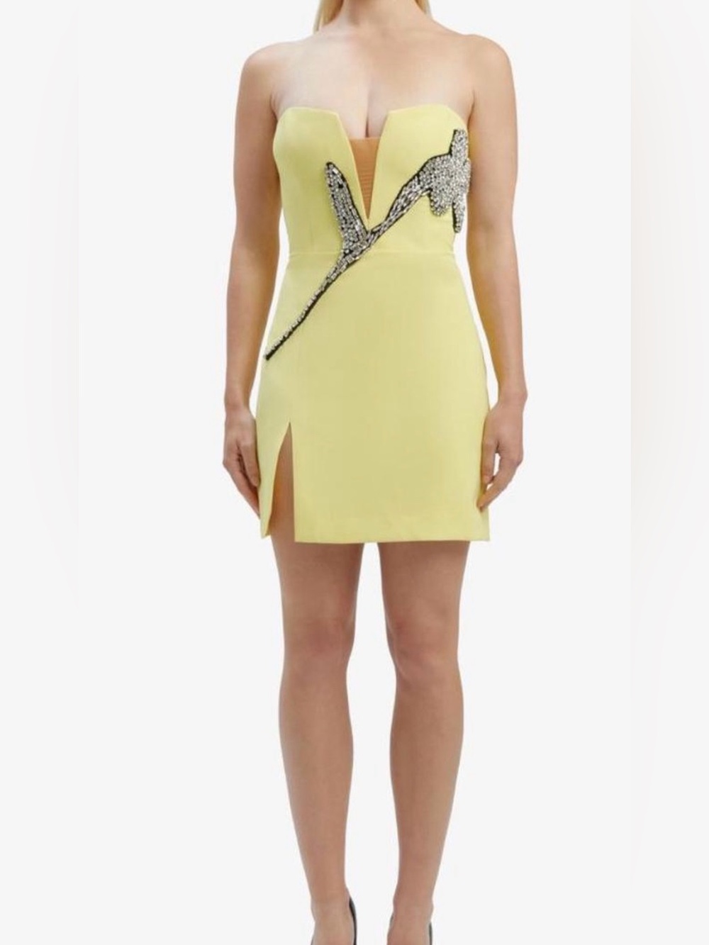 New Ambiance Yellow Strapless Bardot Dress with Crystal Flower – Size L
